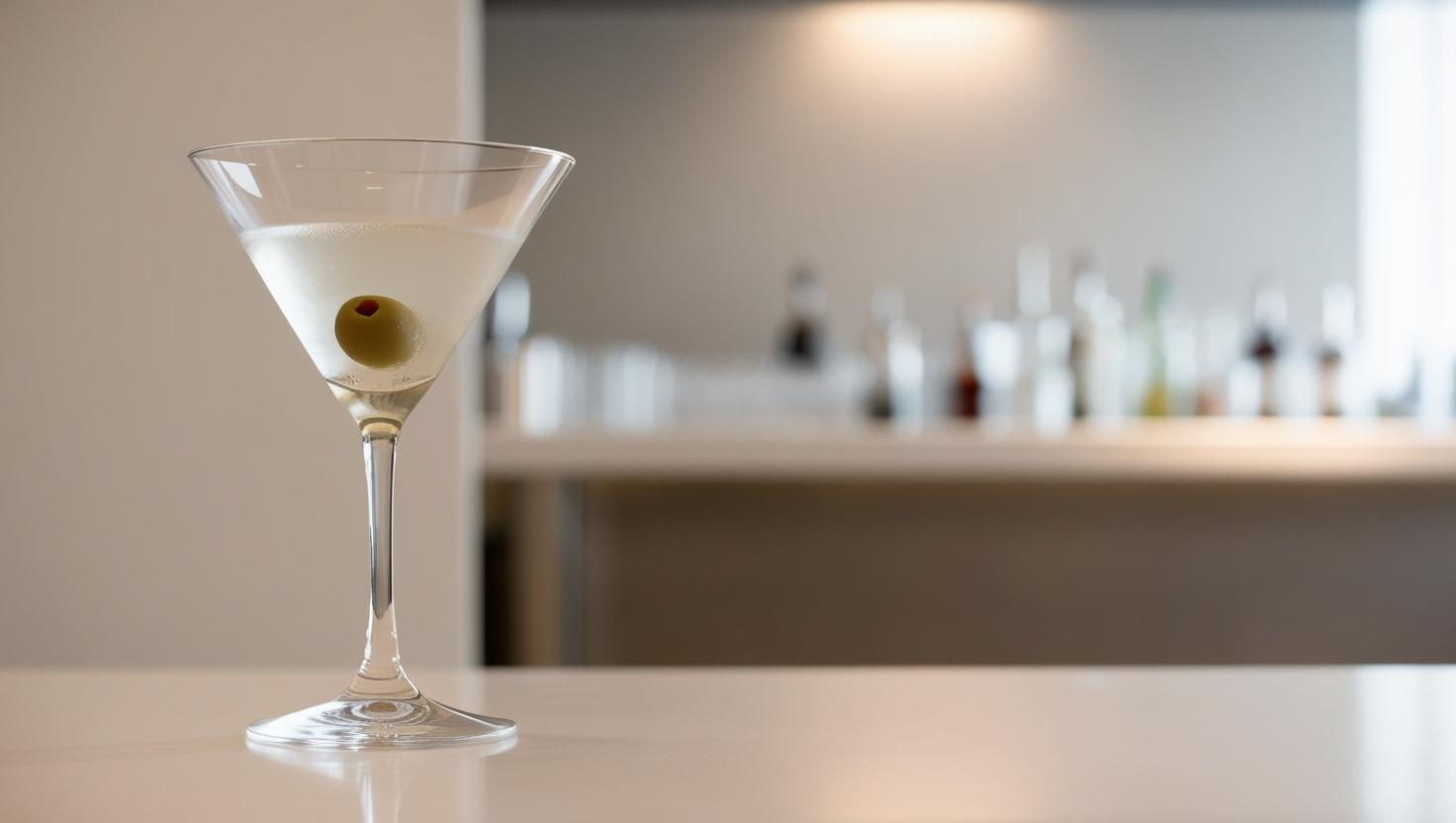 Martini-Glas mit Olive auf einer Oberfläche, minimalistisch inszeniert vor hellem Hintergrund.